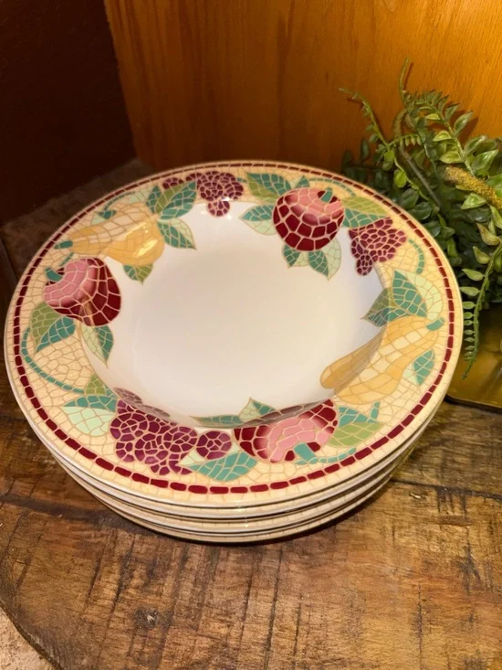 Pier 1 Set Of 6 Mosaic Fruit Earthenware Soup Bowls, Multicolor, Dishwasher Safe - Picture 1 of 5